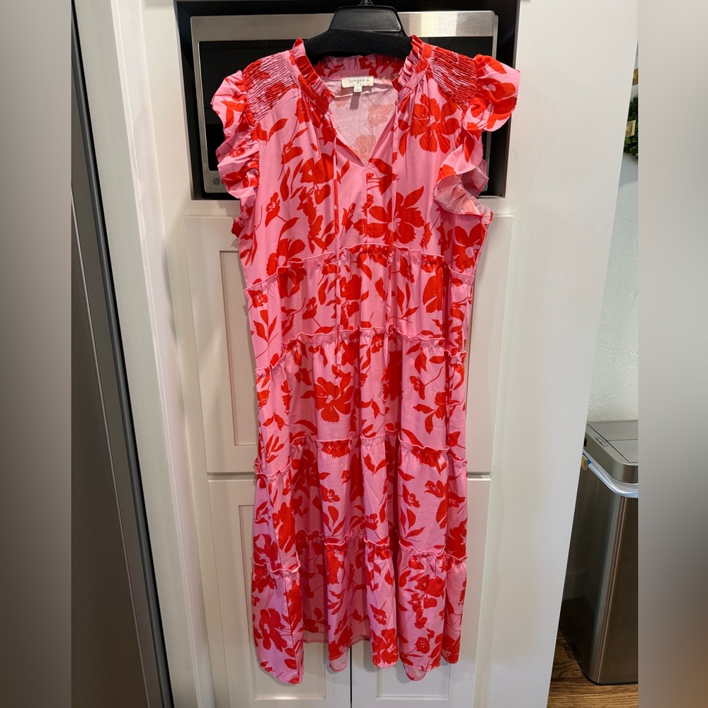 Pink and Red Floral Midi Dress